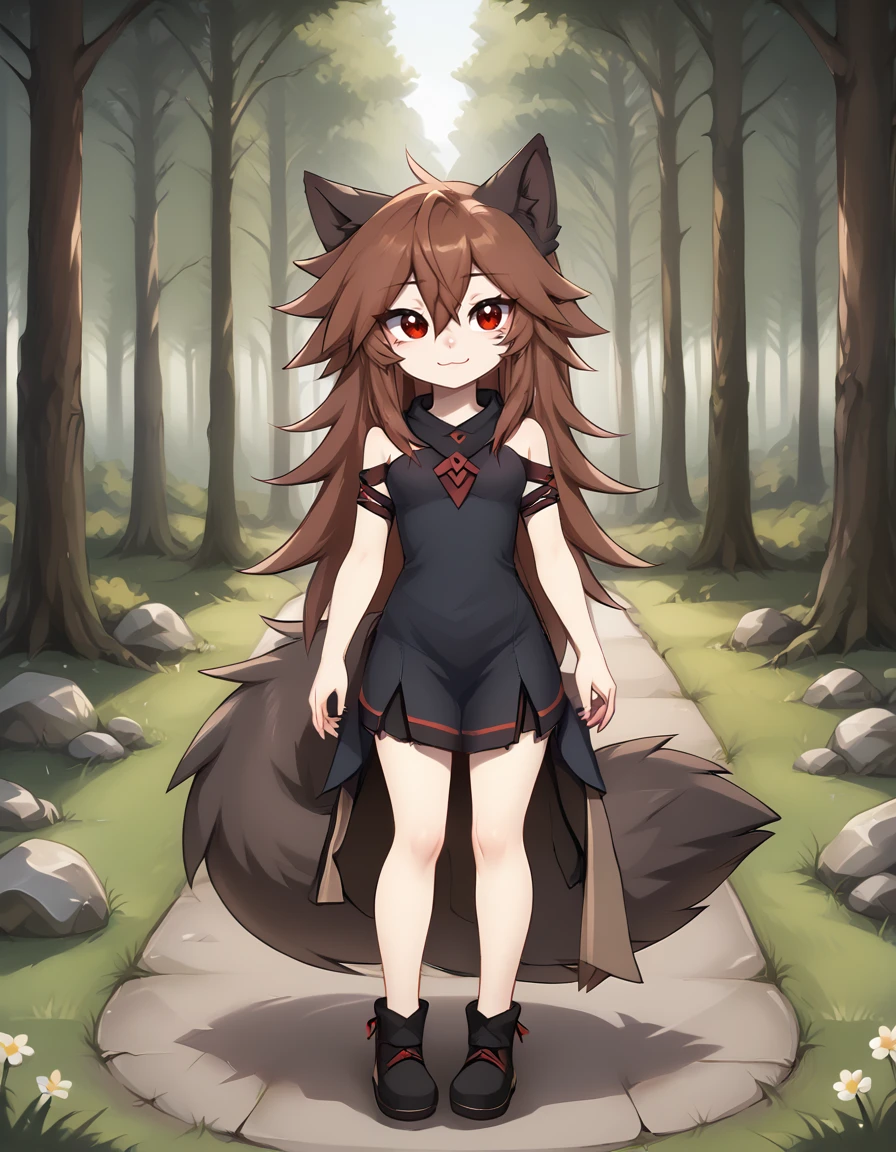 outdoors
full body,smile,long eyelashes,
<lora:Crydiaa_v01_PDXL:1>,Crydiaa,1girl,solo,brown hair,long hair,hair between eyes,wolf ears,red eyes,wolf tail,