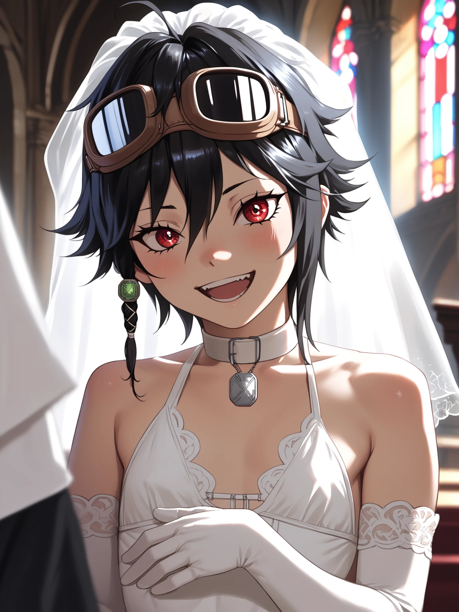 <lora:happy_tentacle-pastlulu-v0.1-000010:1>, ht_pastlulu, pendant choker, dog tags, goggles on head , smile, open mouth, indoors, church, bridal veil, bridal gauntlets, wedding dress, cowboy shot, 1girl, (petite:1.2), solo focus, (looking at viewer:1.1), sidelighting, (depth of field:0.8), , [(realistic, photorealistic:1.2):(realistic:1.3):22], [(3d:1.2)::10], <lora:LUUNA's Lunas-NijiJourney-SDXL-B2:0.5>, nijijourney, <lora:prgfrg23's Counterfeit-V3.0 Style SDXL_LoRA_Pony Diffusion V6 XL:0.3> <lora:Shed_The_Skin's StS_age_slider_v1_initial_release:-1.2>, score_9, score_8_up, score_7_up, score_6_up, score_5_up, score_4_up