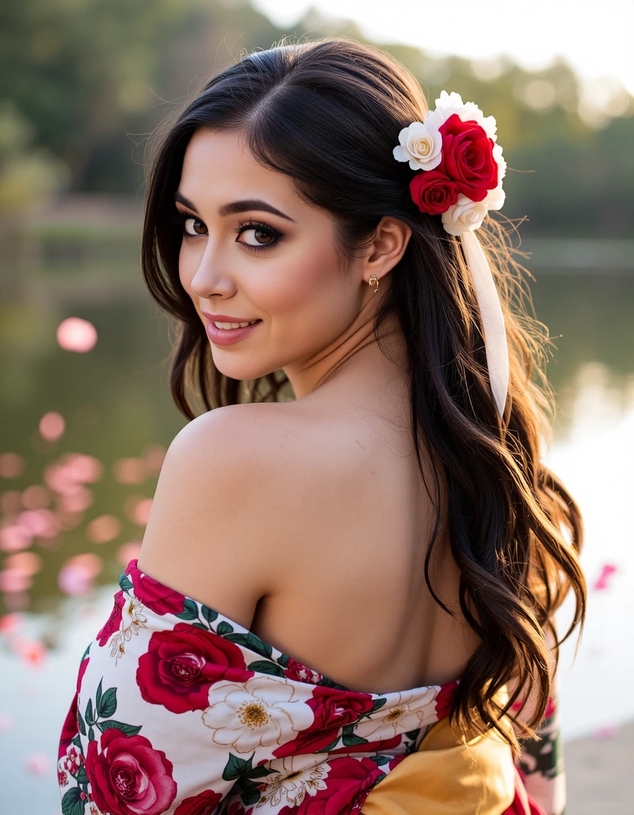 Japanese woman, floral kimono, exposed shoulders, from behind, beautiful face, thick eyelashes, glossy eyes, black hair, (cute smile), dark eyeshadow, shoulders tattoos, back tattoos, floral decoration in hair, falling petals, beautifully backlit, wideshot, lake background,photo, raw,realistic