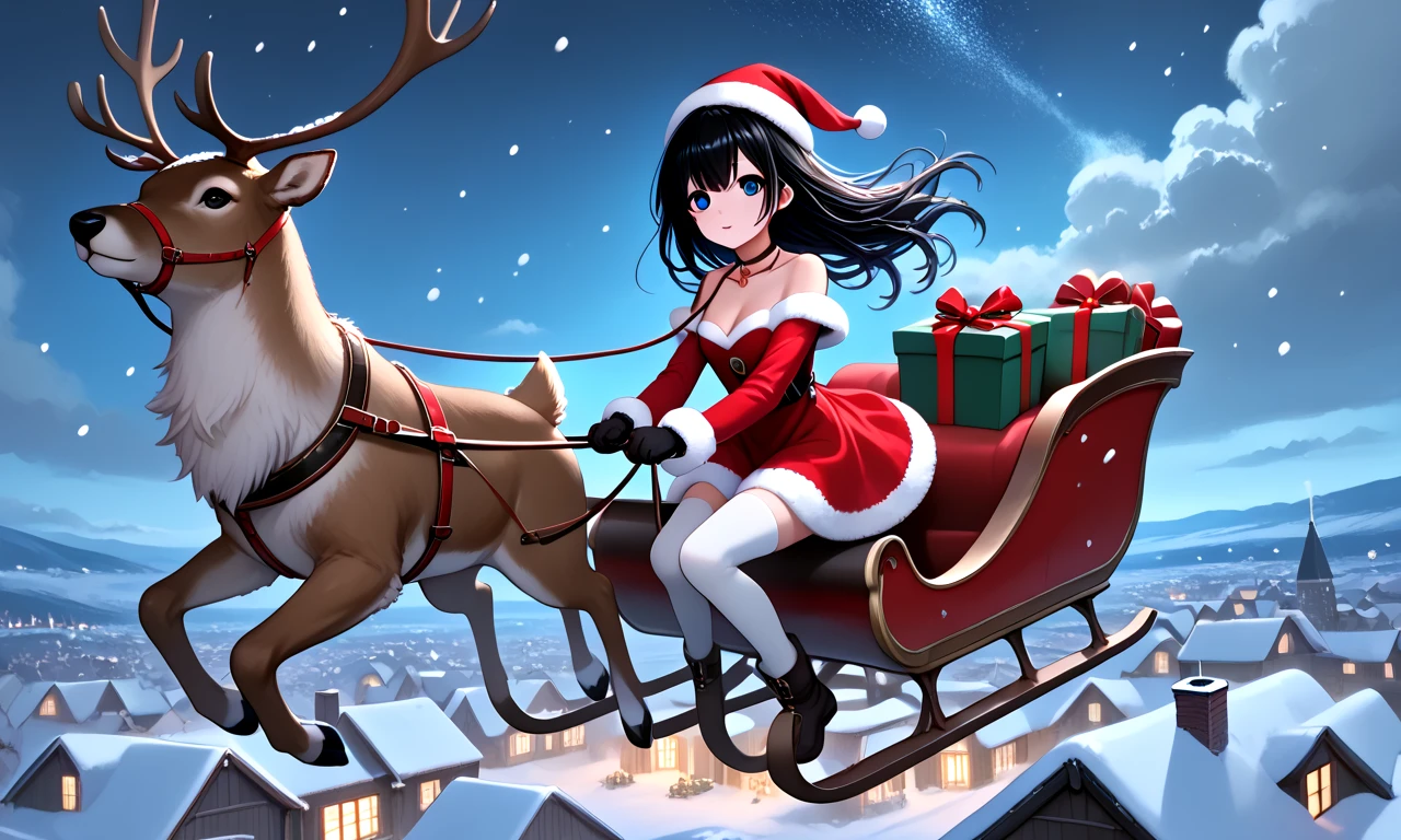 score_9, source_anime, riding reindeer sleigh flying in the sky, sled filled with gift sack, solo, 1girl, bright pupils, floating hair, fur trim, red dress, santa hat, santa costume, cleavage, breasts, thighhighs, gloves, reins, wind, night, snowing, horizon, christmas, night sky, chimney rooftop, nordic architecture, <lora:girllikereindeersleigh_pony:0.8>