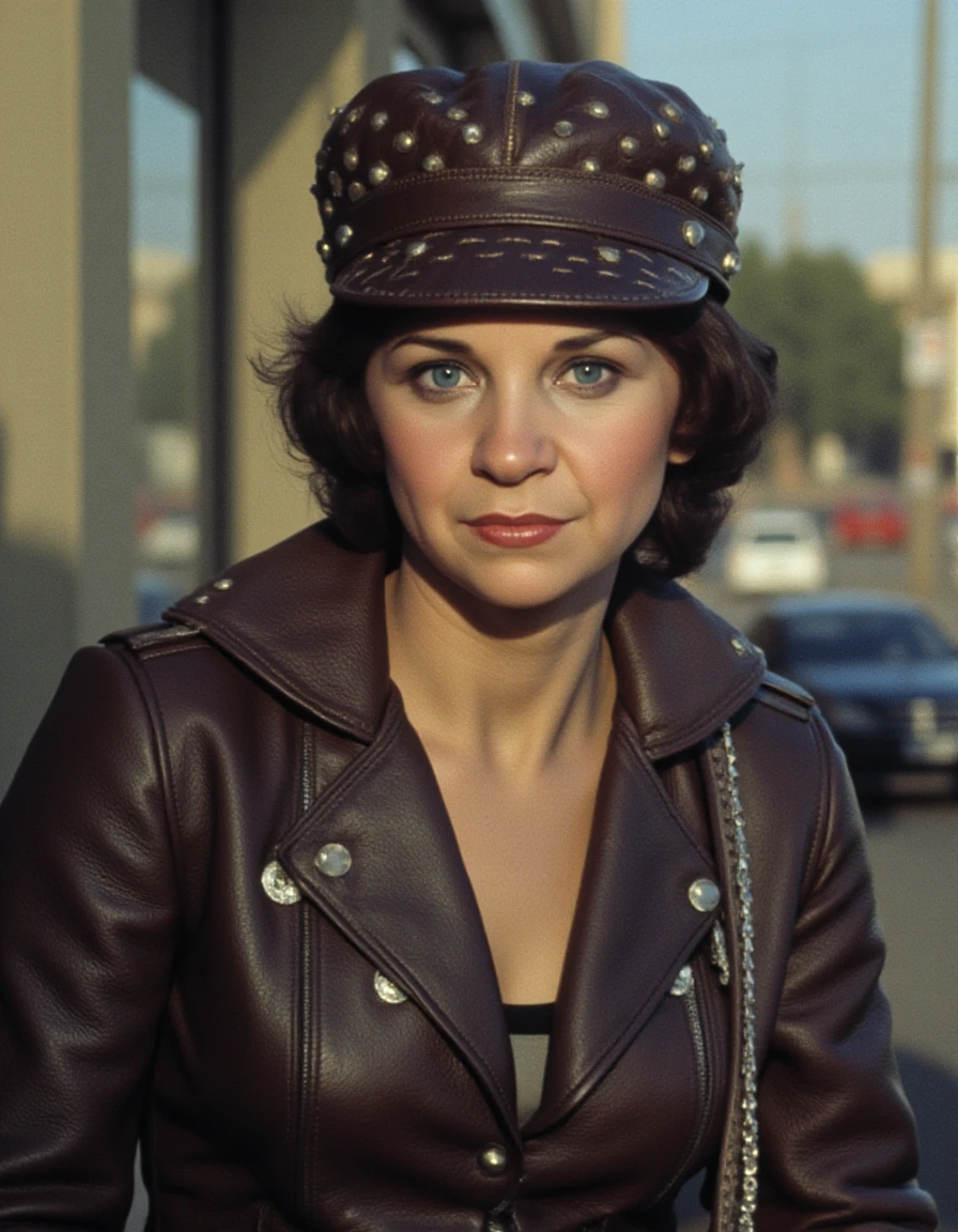 <lora:cindy-williams-flux:1.2> the, woman, her in full leather biker gear including a leather studded cap