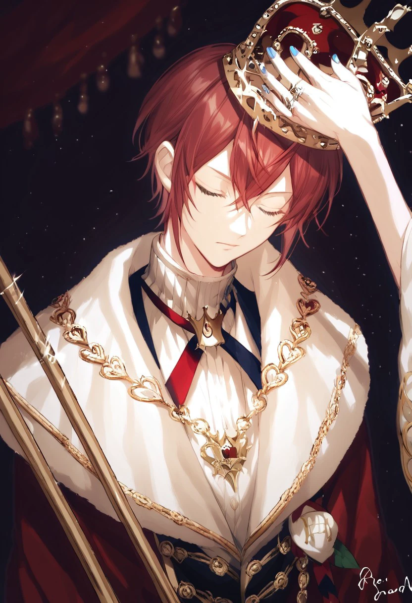 score_9, score_8_up, source_anime, highly detailed, highly detailed eyes,Solo, solo focus, crown, blue nails, upper body, solo, male focus, closed eyes, ring,riddle_rosehearts,red_hair,Grey_eyes, holding a Staff