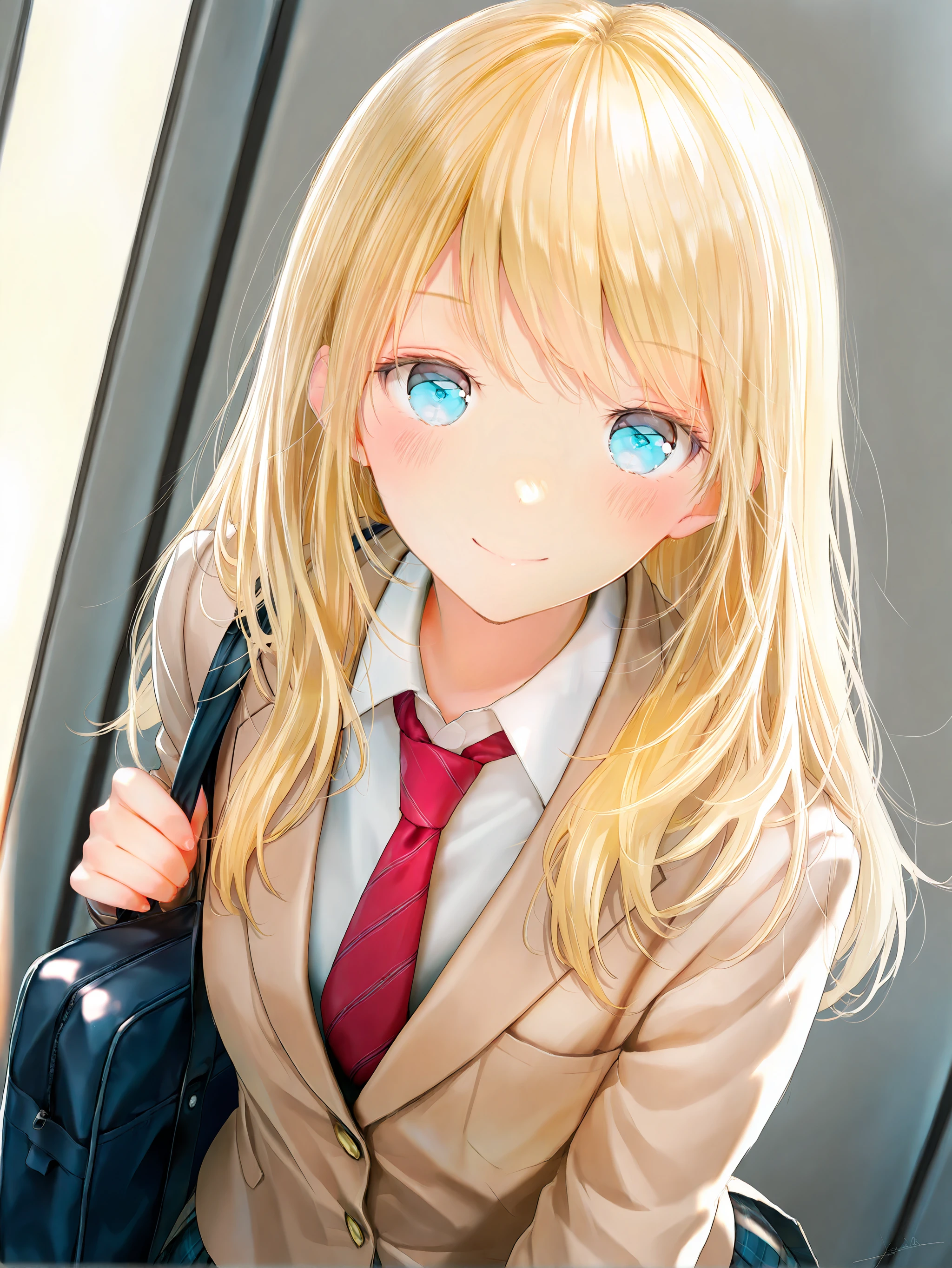 masterpiece,best quality,1girl,solo,absurdres,
1girl,solo,blonde hair,long hair,smile,skirt,necktie,school uniform,bag,blue eyes,blush,jacket,blazer,artist name,looking at viewer,signature,plaid,pleated skirt,
upper body,<lora:jizell-illV1-000018:1>,