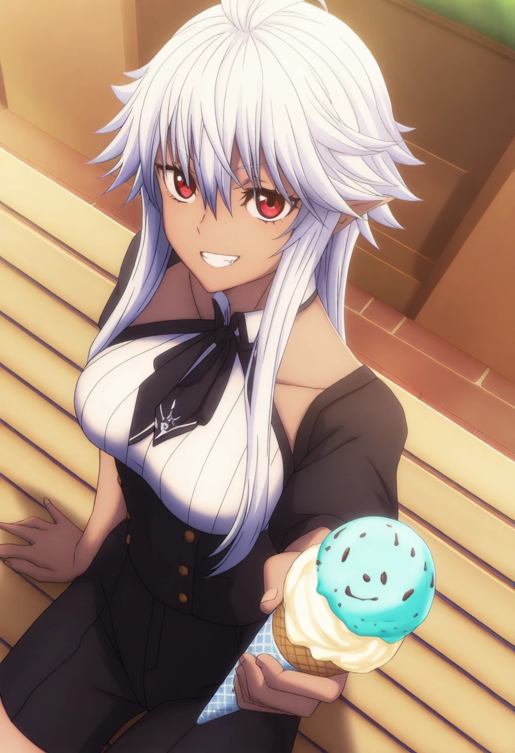 <lora:Reanette Elfelt - [Shinmai Ossan Boukensha] - illustriousXL v1:1>, sysdeep_reanette, white hair, red eyes, solo, high-waisted shorts, summer fair, holding ice cream, playful grin