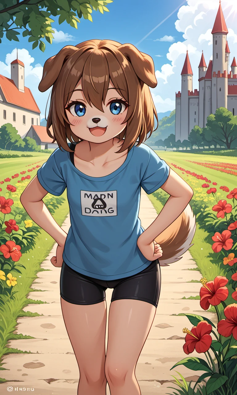 score_9, score_8_up, score_7_up, , 1girl, solo, breasts, looking at viewer, blush, smile, short hair, open mouth, bangs, blue eyes, brown hair, shirt, animal ears, hair between eyes, bare shoulders, standing, collarbone, tail, flower, short sleeves, :d, thighs, cowboy shot, small breasts, outdoors, sky, shorts, sleeveless, day, shiny, artist name, cloud, medium hair, star \(symbol\), shiny hair, flat chest, tree, blue sky, bare arms, short shorts, eyelashes, sleeveless shirt, leaning forward, :3, feet out of frame, watermark, black shorts, happy, sunlight, cloudy sky, grass, aged down, blue shirt, plant, red flower, bike shorts, t-shirt, building, child, dog ears, clothes writing, extra ears, furry, light blush, hands on hips, dog tail, furry female, dog girl, female child, bush, hibiscus, body fur, field, animal nose, castle, flower field, tower, snout, brown fur, two-tone fur, path, garden, orange fur,