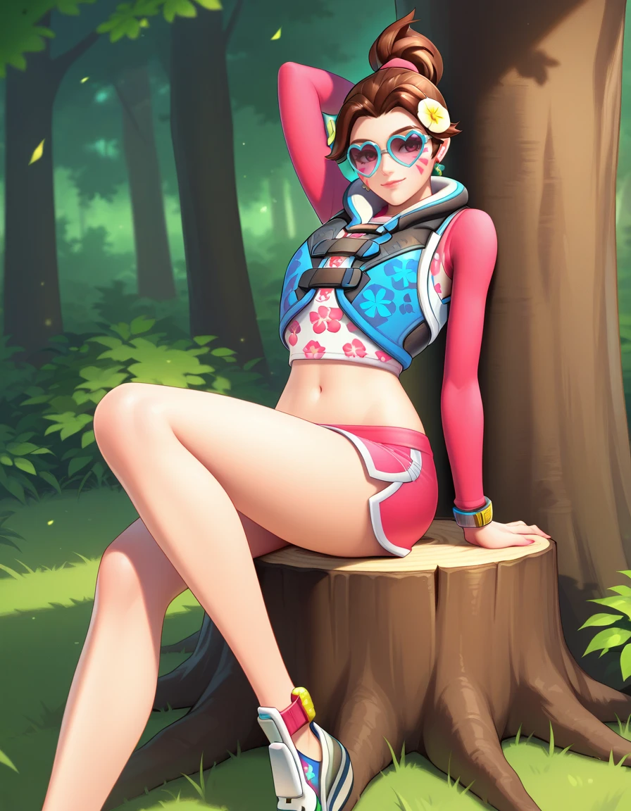 Masterpiece, high-res, 2k, best quality,  1 girl,  d.va (overwatch), waveracer , Sitting on a tree stump looking natural<lora:waveracer illus-000045:1>