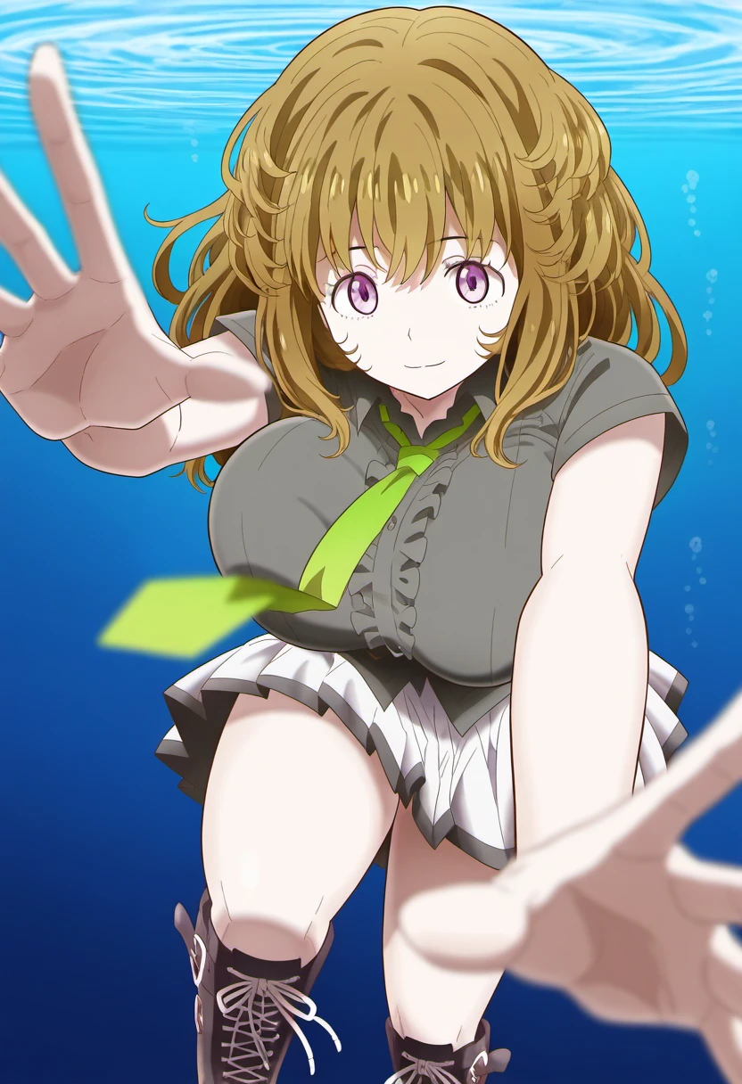 1girl, solo, koudaiji erika, purple eyes, asymmetrical bangs, large breasts, brown hair, long hair, green necktie, grey shirt, short sleeves, white skirt, black trim, lace-up boots, boots, 
underwater, reaching out, direct gaze, soft smile, ripples, blurred foreground, close-up, subtle lighting, dreamlike, hand focus
, masterpiece, absurdes, <lora:Character_Koudaiji Erika:1>