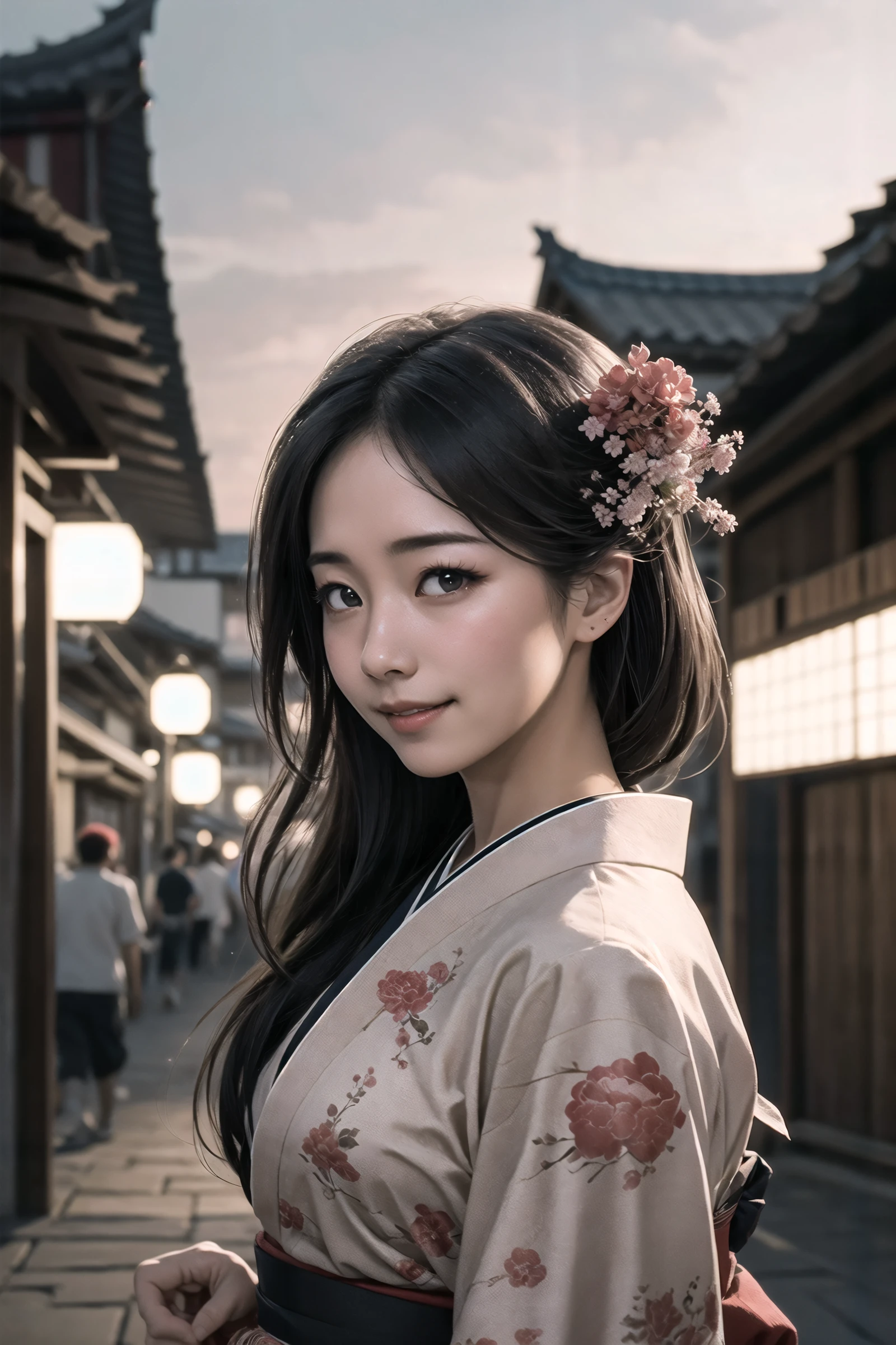 (masterpiece),(best quality),(extremely intricate),(sharp focus),(cinematic lighting),(extremely detailed), (digital art),,digital art by Clayton Crain and Roman Vishniac, 1girl, solo, long_hair, smile, brown_hair, black_hair, upper_body, flower, outdoors, japanese_clothes, kimono, blurry, black_eyes, lips, blurry_background, floral_print, red_flower, realistic, pink_kimono, asian, photorealistic, extremely stylish, beautiful detailed, highly detailed, dynamic dramatic beautiful full taking, dynamic cinematic perfect background, imposing, digital illustration, hyper-realistic style, dynamic compositions, vibrant colors, Photojournalism, Jewish life in Eastern Europe,pg-13,