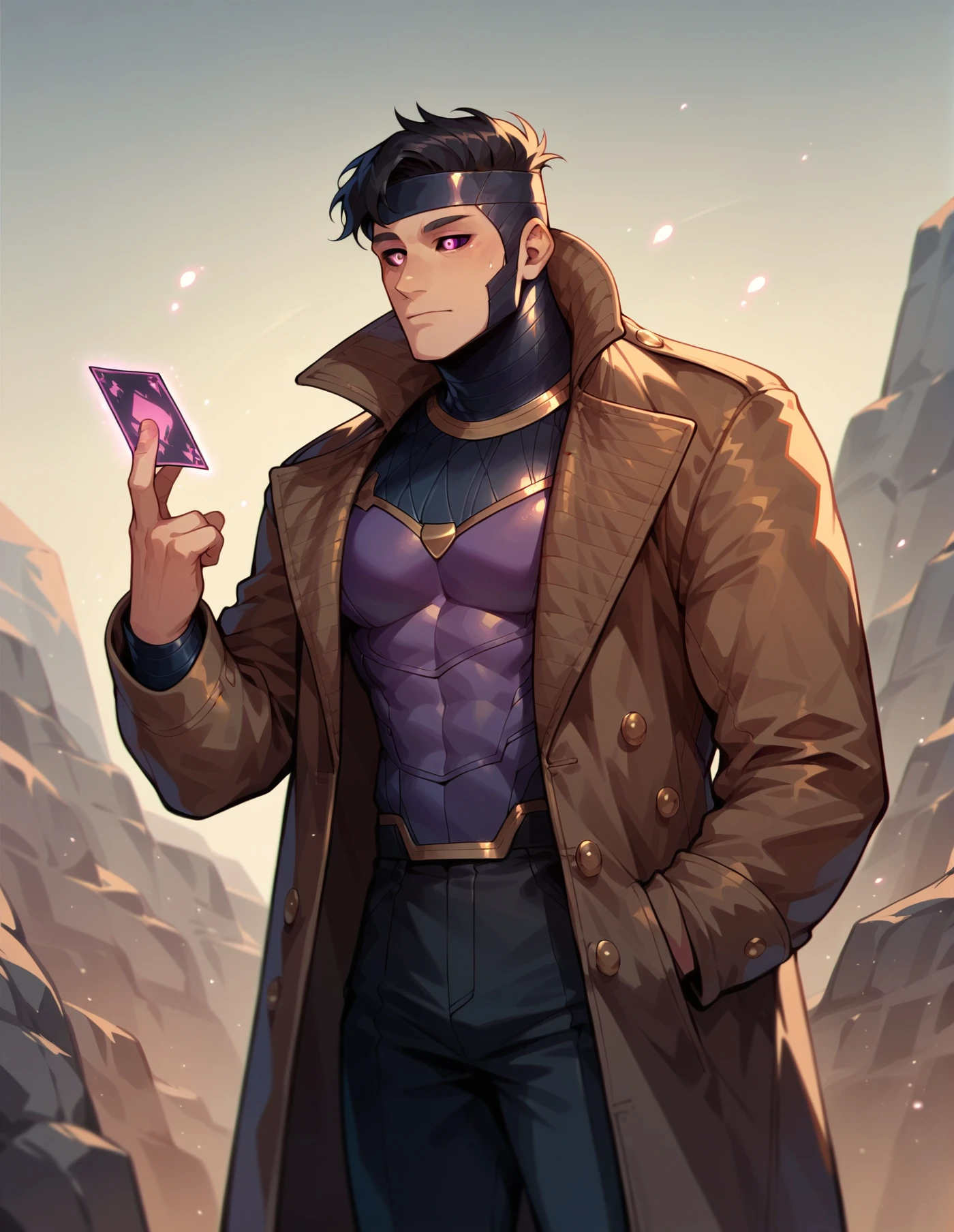 <lora:Gambit:1> gambit, male, coat, black hair, playing cards, headwear (Smile:0.5), pink eyes, black sclera, closed mouth, score_9, score_8_up, score_7_up, score_6_up, 2d, digital art, masterpiece <lora:Expressive_H:0.4> expressiveh <lora:princess_xl_v2:0.3> <lora:g0th1c2XLP:0.3> g0th1c