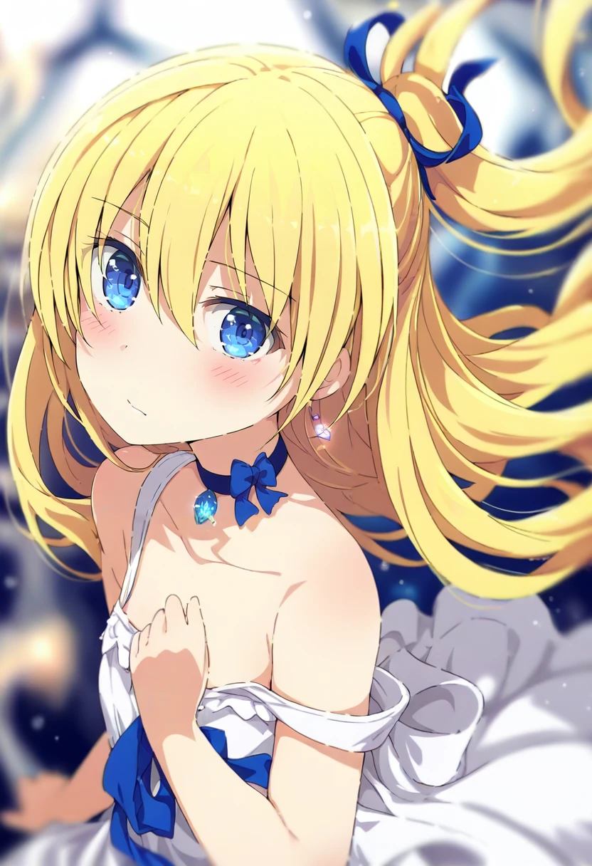 1girl, blonde hair, solo, long hair, blue eyes, dress, blush, ribbon, looking at viewer, hair ribbon, white dress, blurry, choker, depth of field, bare shoulders, strap slip, hair between eyes, bow, jewelry, sleeveless dress, closed mouth, floating hair <lora:ogipoteXL_il_lokr_V5311P:0.95>