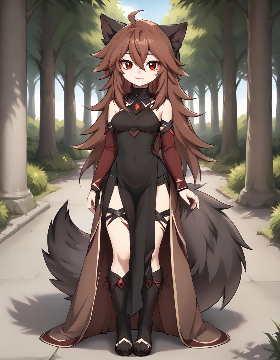 outdoors
full body,smile,long eyelashes,
<lora:Crydiaa_v01_PDXL:1>,Crydiaa,1girl,solo,brown hair,long hair,hair between eyes,wolf ears,red eyes,wolf tail,