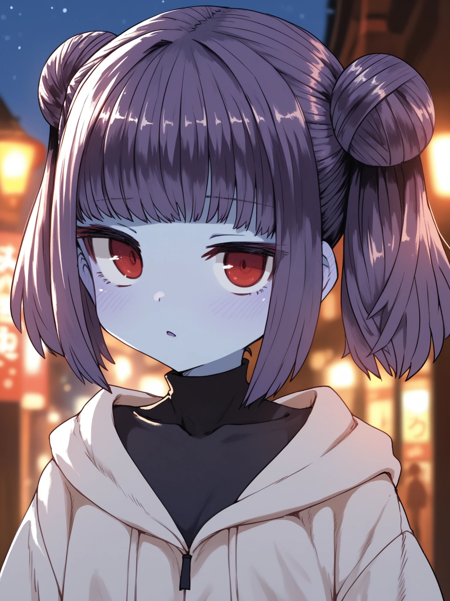 <lora:happy_tentacle-sumisifu-v0.4-000004:0.9>, ht_sumisifu, colored skin, blue skin, purple hair, red eyes, ofuda , raised eyebrows, outdoors, night cowboy shot, 1girl, (petite:1.2), solo focus, (looking at viewer:1.1), sidelighting, (depth of field:0.8), , [(realistic, photorealistic:1.2):(realistic:1.3):26], [(3d:1.2)::10], <lora:LUUNA's Lunas-NijiJourney-SDXL-B2:0.6>, nijijourney, <lora:prgfrg23's Counterfeit-V3.0 Style SDXL_LoRA_Pony Diffusion V6 XL:0.3> <lora:Shed_The_Skin's StS_age_slider_v1_initial_release:-1.2>, score_9, score_8_up, score_7_up, score_6_up, score_5_up, score_4_up