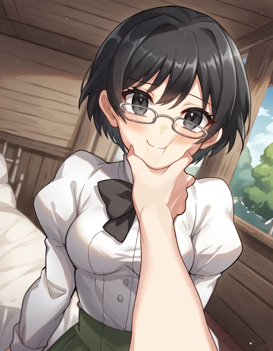 score_9, score_8_up, score_7_up, source_anime, <lora:shizune-hakamichi-ingame-ponyxl-lora-nochekaiser:1>, shizune hakamichi, short hair, black hair, glasses, black eyes, medium breasts,, shirt, long sleeves, bow, school uniform, white shirt, pleated skirt, puffy sleeves, bowtie, black bow, juliet sleeves, green skirt, black bowtie, gazebo, park, shelter, outdoors, wooden, smile, <lora:pov-cheek-grabbing-ponyxl-lora-nochekaiser:1> pov cheek grabbing, pov cheek grabbing (meme), meme, squeezing cheeks, pov hands, cheek squash, face grab, pov, blush, parted lips, bed room,, cowboy shot, looking at viewer,, looking at viewer, solo,, dutch angle, cowboy shot