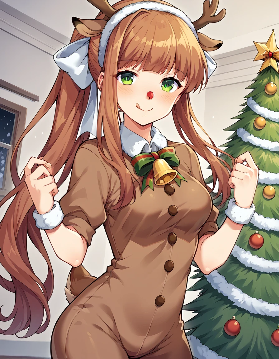 score_9, score_8_up, score_7_up, source_anime, <lora:ddlc-monika-ingame-ponyxl-lora-nochekaiser:1>, monika, blunt bangs, brown hair, green eyes, long hair, ponytail, ribbon, white ribbon, hair ribbon, sidelocks, medium breasts,, <lora:reindeer-costume-ponyxl-lora-nochekaiser:1>, reindeer costume, animal costume, reindeer antlers, antlers, fake antlers, reindeer hood, christmas, red nose, deer ears, deer tail, christmas tree, bell, horns, reindeer,, blush, smile, tongue out, looking at viewer,, , dutch angle, cowboy shot