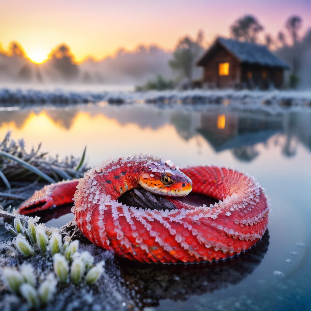 everything frosted, (close-up:1.3),of a hybrid giant red snake portrait looking face cam in a lagoon,crystal clear water,fisherman's hut,sunset,ultra realistic,hdr,4k,dark river,blue light,flowers,trees,fog atmosphere, (HD, masterpiece, best quality, hyper detailed, ultra detailed, super realistic),amazing,, frostmyst, frosted, frost, sd_xl_offset_example-lora_1.0, add-detail-xl<lora:sdxl\frosted\mystifying_frosted-000008.safetensors:0.65:0.65> <lora:sdxl\offset\sd_xl_offset_example-lora_1.0.safetensors:0.43:0.43> <lora:sdxl\enhancment\add-detail-xl.safetensors:0.49:0.49>