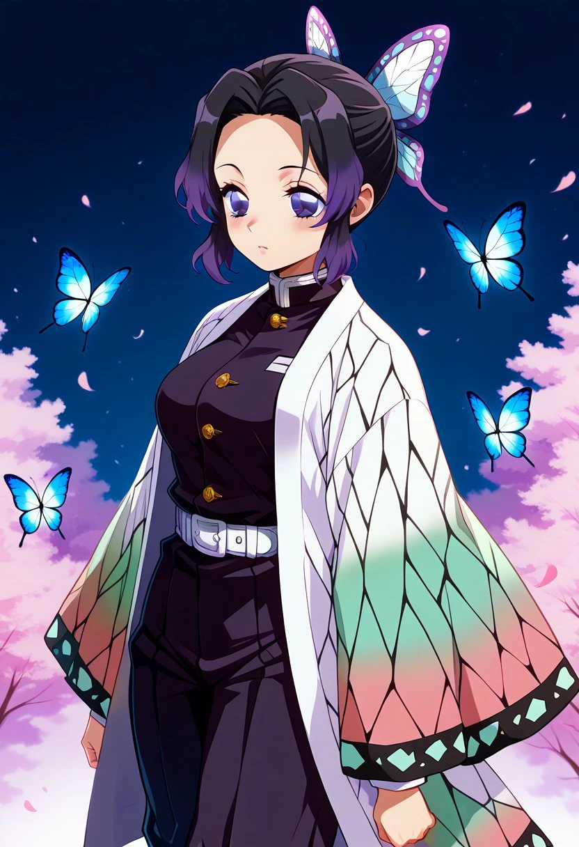 patShinobu, shinobu kochou, animal print, black hair, butterfly, butterfly hair ornament, butterfly print, forehead, gradient hair, hair ornament, haori, multicolored hair, parted bangs, purple hair, short hair, two-tone hair, belt, black pants, butterfly print, coat, demon slayer uniform, haori, japanese clothes,