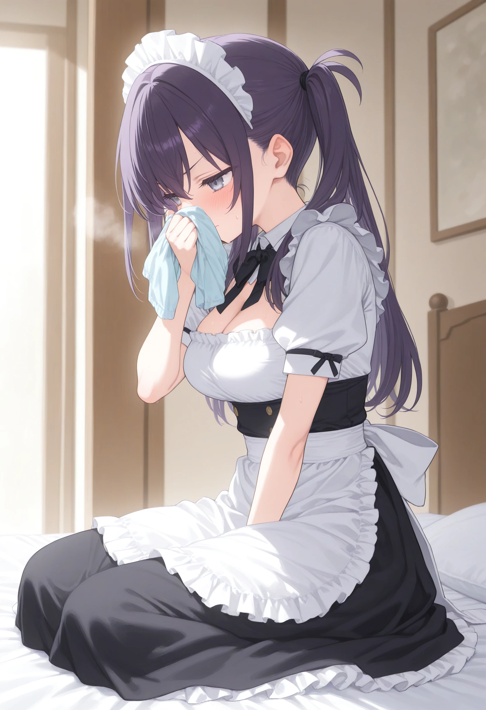 1girl,(sho \(sho lwlw\):0.7),(toosaka asagi:0.5),(sincos:0.3),solo,
masterpiece, best quality, newest, absurdres, CG, anime, source anime, illustration,
maid, maid headdress,medium breasts,
kunka, blush, smelling clothes, smelling, covering mouth, indoors,on bed, sitting, <lora:kunka_Illust_v1:0.8>
from side, feet out of frame, looking ahead, purple hair, silver eyes,determined, closed mouth, quad tails hair,