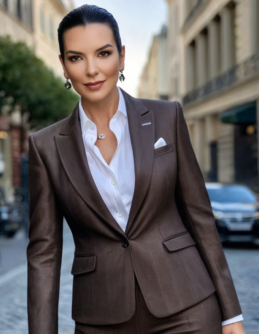 glamorous photo of Photorealism <lora:RalliSDXL-000009:1>, full-body photo of 40yo RalliSDXL wearing (intricate:1.1) Giorgio Armani tailored blazer, perfect face, (perfect brown eyes:1.2), outdoors, looking at the viewer, imperfect skin, realistic skin texture, skin pores, subsurface scattering, looking at the viewer, Photorealism, often for highly detailed representation, photographic accuracy, or visual illusion., high fashion, luxurious, extravagant, stylish, sensual, opulent, elegance, stunning beauty, professional, high contrast, detailed