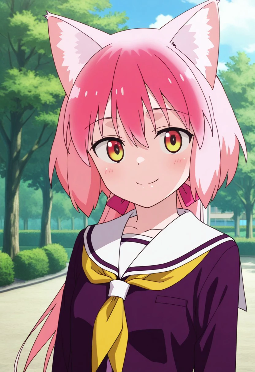masterpiece, best quality,
ranka, 1girl, solo, red eyes, yellow eyes, pink hair, long hair, animal ears, wolf ears, animal ear fluff, school uniform, serafuku, sailor collar, smile,
outdoor, sky, tree