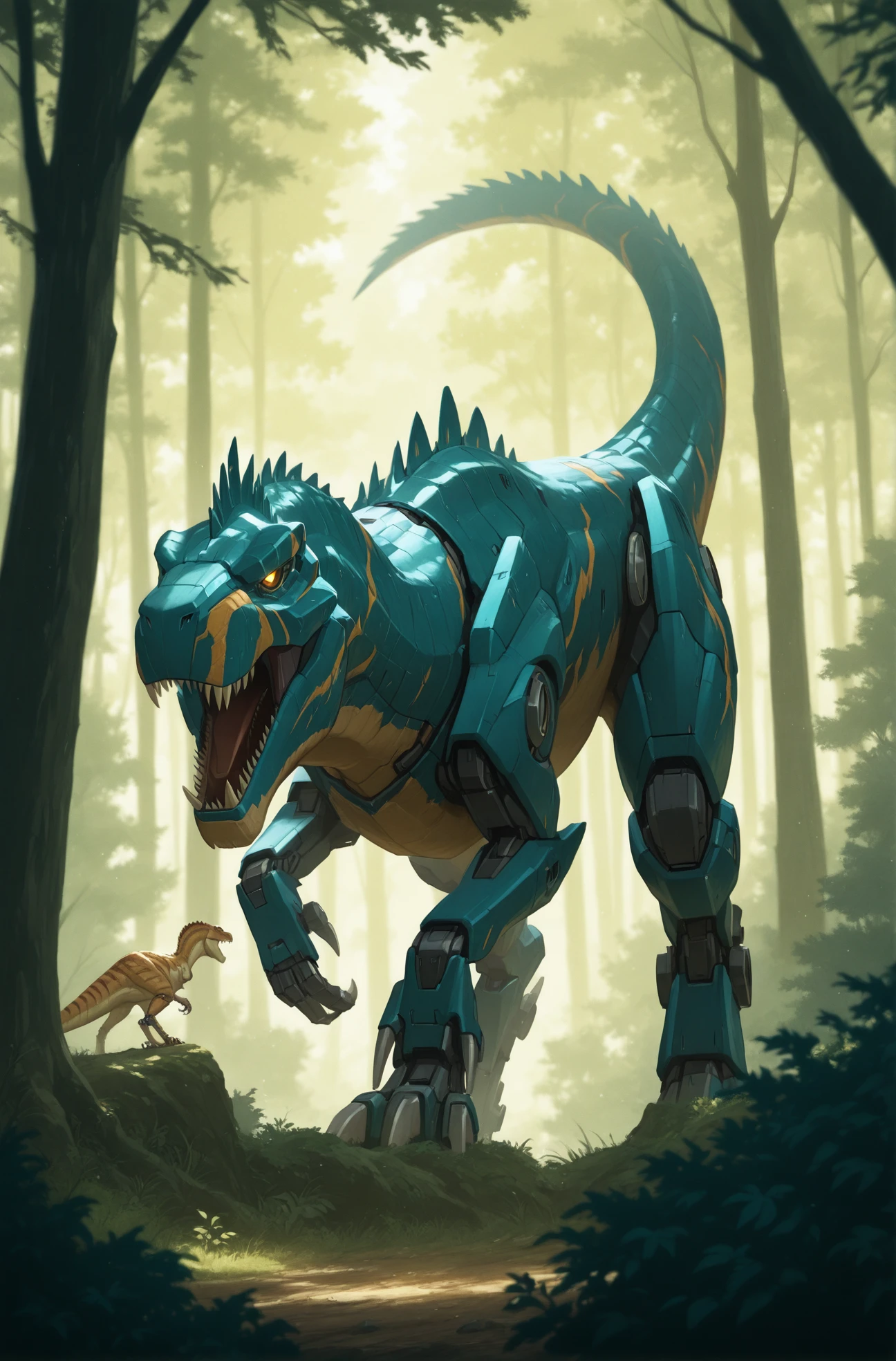 masterpiece, best quality, 2.5D, 
 <lora:Animal Mecha [IL]:0.9> animalmecha, no humans, mecha, non-humanoid robot, dinosaur, Tyrannosaurus, t-rex, forest, trees, scratch mark,