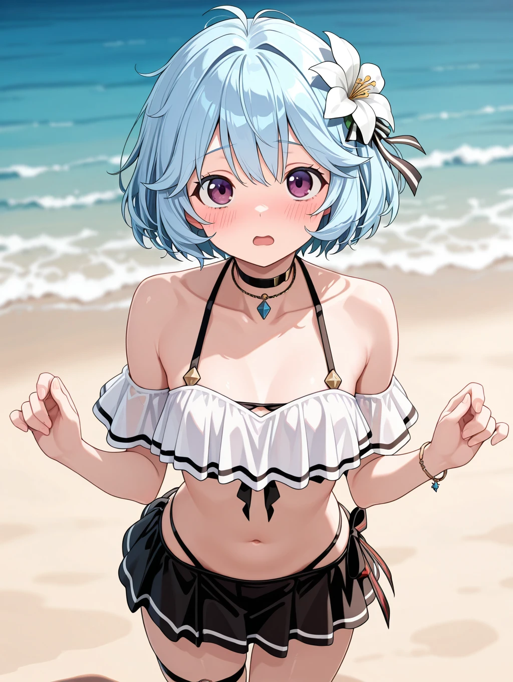 hannah, 1girl, solo, looking at viewer, blush, short hair, open mouth, skirt, hair ornament, navel, bare shoulders, jewelry, blue hair, purple eyes, collarbone, swimsuit, flower, bikini, cowboy shot, choker, hair flower, black skirt, thigh strap, white flower

masterpiece, best quality,amazing quality, very aesthetic, absurdres, depth of field, blurry background, extremely detailed face, detailed eyes