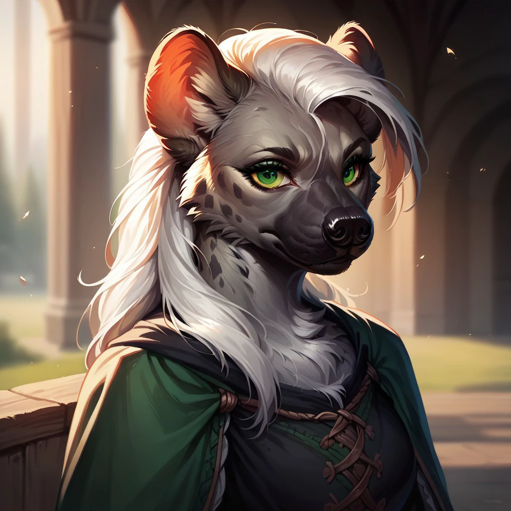 (((detailed, beautiful, high quality))), score_9, score_8_up, score_7_up, 
(depth of field, dynamic lighting),
gnoll, furry hyena,
1 girl, grey fur, green eyes, black top, medieval top, long white hair,
looking at the viewer, posing, 
blurred background, fantasy background, shroud background,