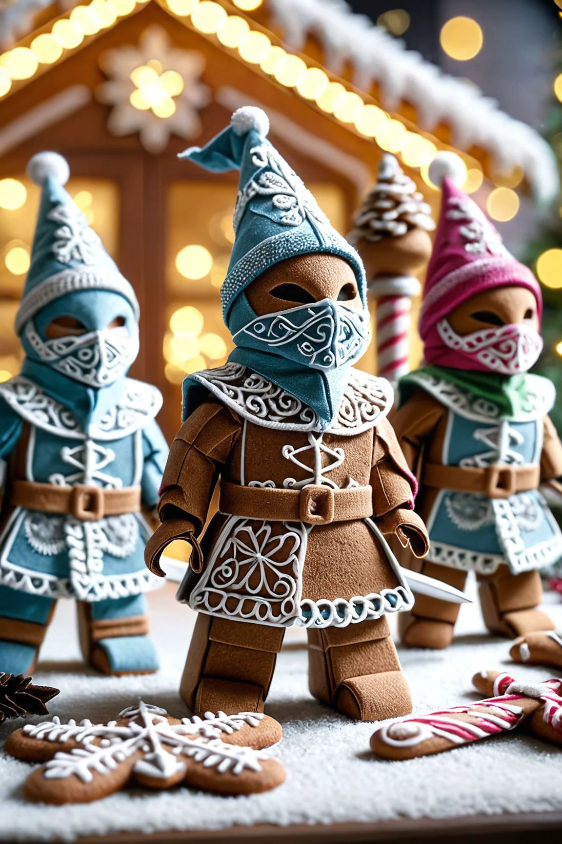 <lora:Post-It-Christmas-v1.0.7:1> post-it Christmas,
masterpiece, 4k, ray tracing, intricate details, highly-detailed, hyper-realistic, 8k RAW 
gingerbread ninjas. swords and masks.
cinematic light, dramatic light, shallow depth of field,  high budget, bokeh, cinemascope, film grain, grainy,