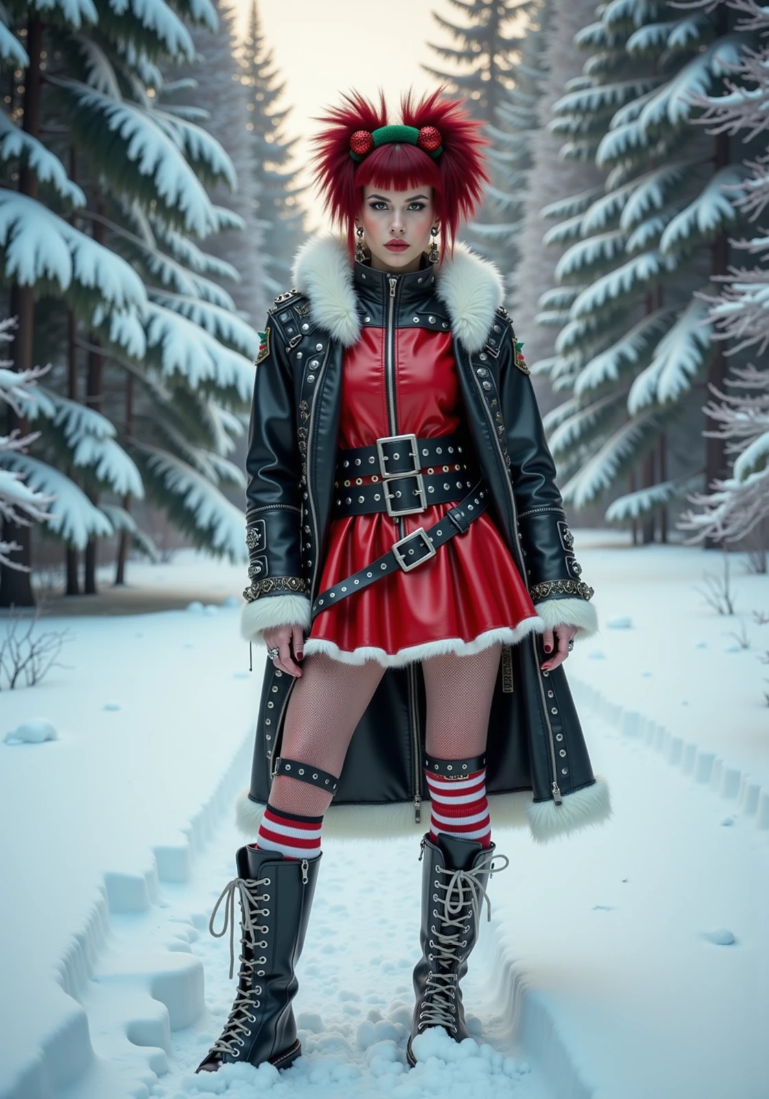 Punk woman wearing a christmas-punk outfit standing confidently in a snowy winter-wonderland landscape. Snow-covered trees surround her, and soft light reflects off the snow, creating a festive yet rebellious scene. <lora:christmas_punk_flux_v1:1.05>