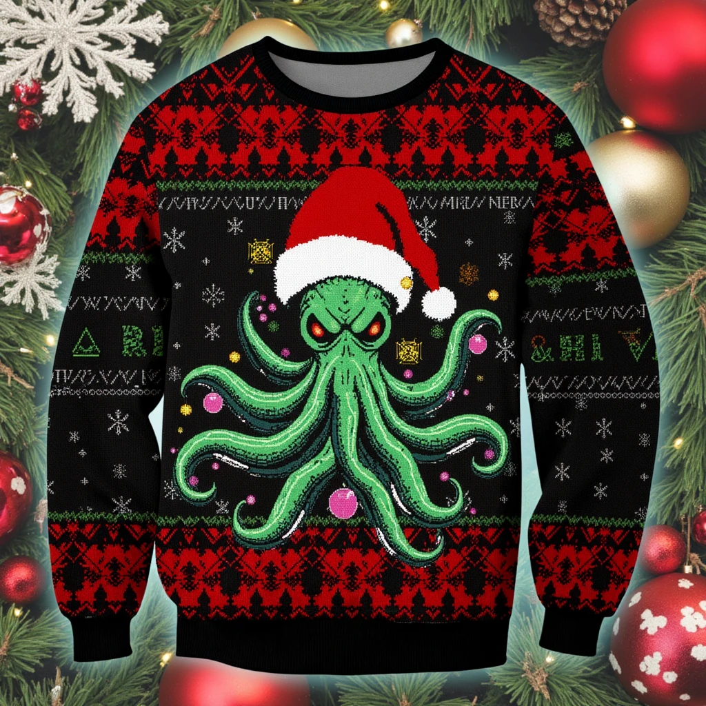 Imagine an image in the style of surreal horror, depicting an ugly Christmas sweater with a grotesque knitted design of Cthulhu wearing a Santa hat. Tentacles stretch across the fabric, entwined with tinsel, and glowing eldritch runes form a sinister yet festive pattern.