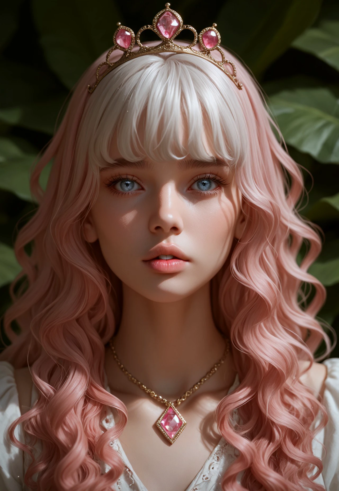 score_9, score_8_up, score_7_up, score_6_up, score_5_up, score_4_up BREAK Vdiff1_dskfll, 1girl, solo, jewelry, portrait, snake, looking at viewer, parted lips, necklace, long hair, wavy hair, gem, blue eyes, tiara, pink hair, blurry, lips, white hair, bangs