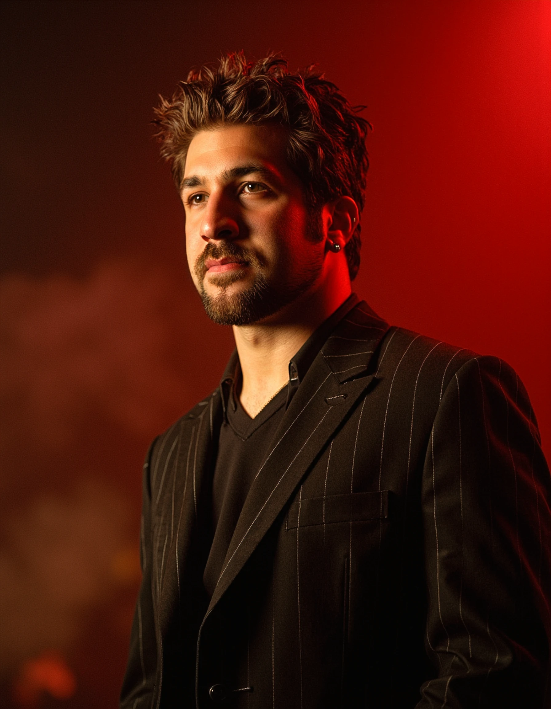 A detailed portrait of Joey Fatone in a dramatic, low-light environment, illuminated by a single warm spotlight. The man’s face is calm, with a contemplative expression. He wears a tailored suit with subtle pinstripes, and the background is a smoky, blurred abstract haze. Vivid style, cinematic lighting.