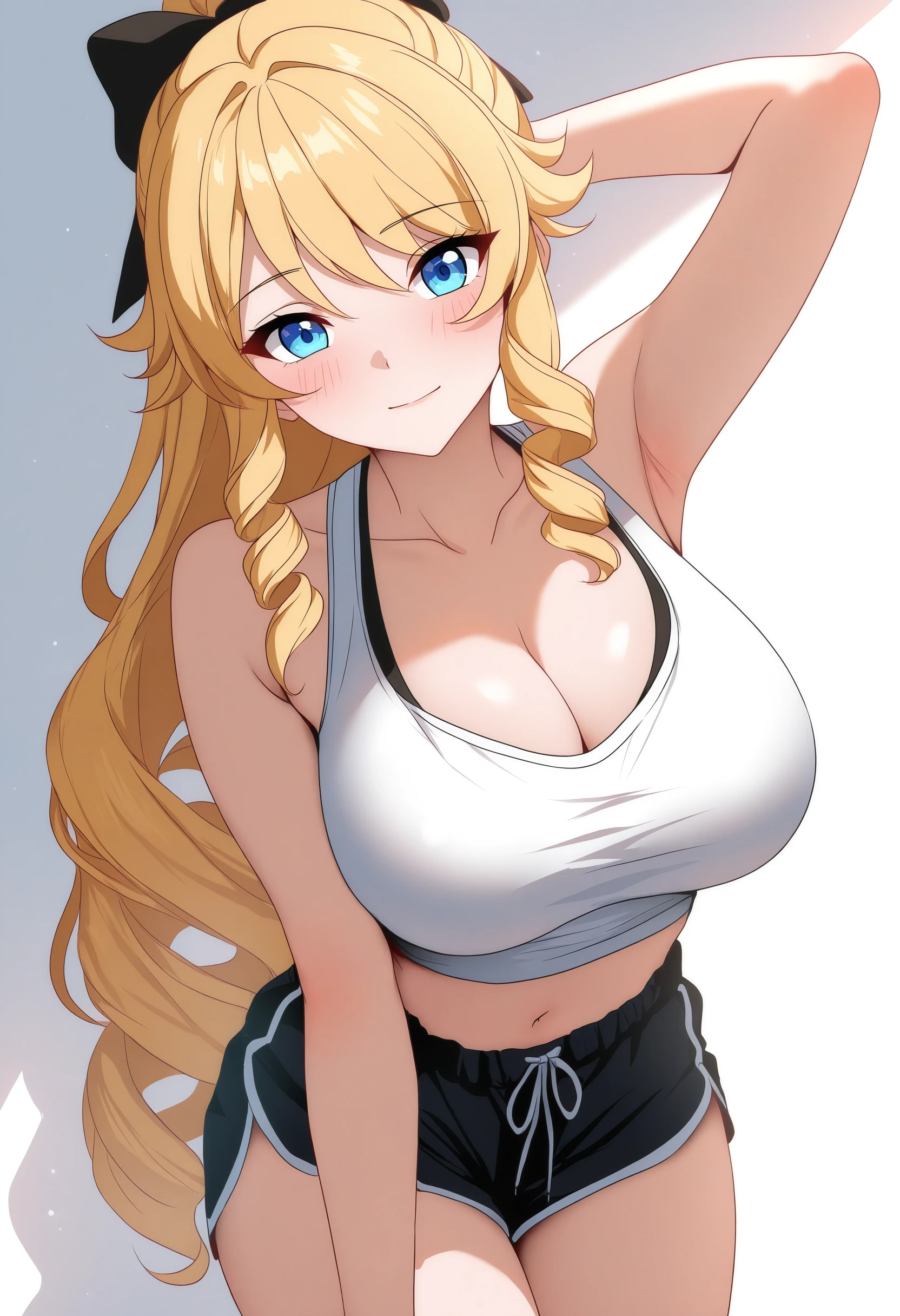 masterpiece, best quality, 
<lora:wrenchGINaviaIllu:1>, wrnchnvigi, blonde hair, drill hair, blue eyes, very long hair, drill sidelocks, large breasts, 
dolphin shorts, hand behind head, hairband, high ponytail, white_croptop, head tilt, light smile, 
low light, tented shirt, cleavage, sleeveless, collarbone, white background, thighs, 
dark, high contrast, anime coloring,