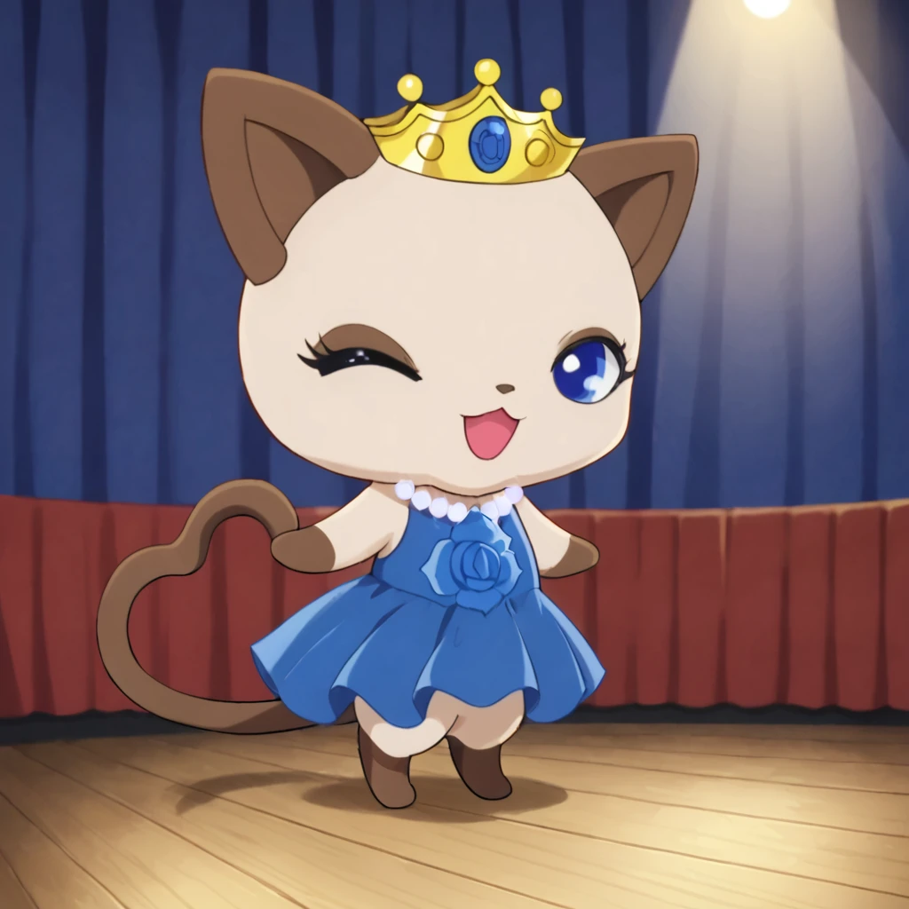 best quality, masterpiece, realistic, furry, no humans, jpkaiya, female, cat, chibi, feral, digitigrade, light brown body, light brown fur, brown toes, brown ear, brown tail, heart shaped tail, crown, white pearl necklace, blue rose brooch, brown eyelids, blue dress, blue eyes, one eye closed, open mouth, smile, looking sideways, standing, reach out, detailed background, stage, theater <lora:jp_Kaiya_Pony:1>