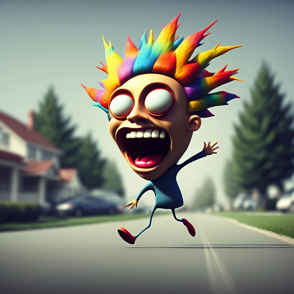 weirdo, side view, running, laughing, waving hands in the air, on a suburban street, motion blur