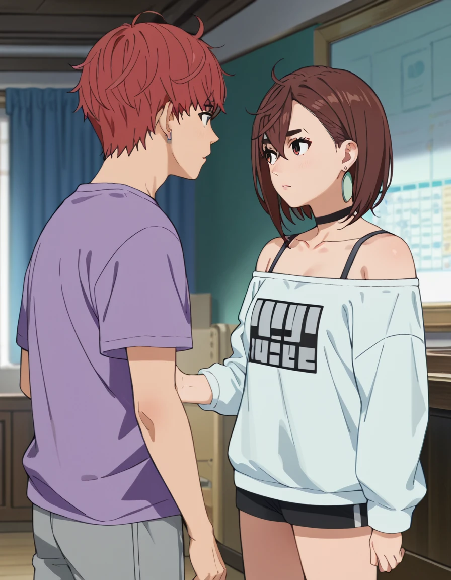 score_9, score_8_up, score_7_up, source_anime, high res image, masterpiece, best quality, 1boy and 1girl, BREAK
1boy, solo, looking at another, blurry background, bedroom,
jin enjoji (dandadan s1), short hair, red hair, brown eyes, earrings, 
purple shirt, short sleeves
<lora:jin_enjoji-dandadan_s1_v2-anime-soralz:0.7>
BREAK
1girl, looking at another, 
<lora:momo_ayase_anime_v3-soralz:0.7>, momo ayase, brown hair, short hair, hair between eyes, asymmetrical bangs, brown eyes, earrings, black choker, casual outfit, collarbone, bra strap, off-shoulder shirt, bare shoulders, long sleeves,