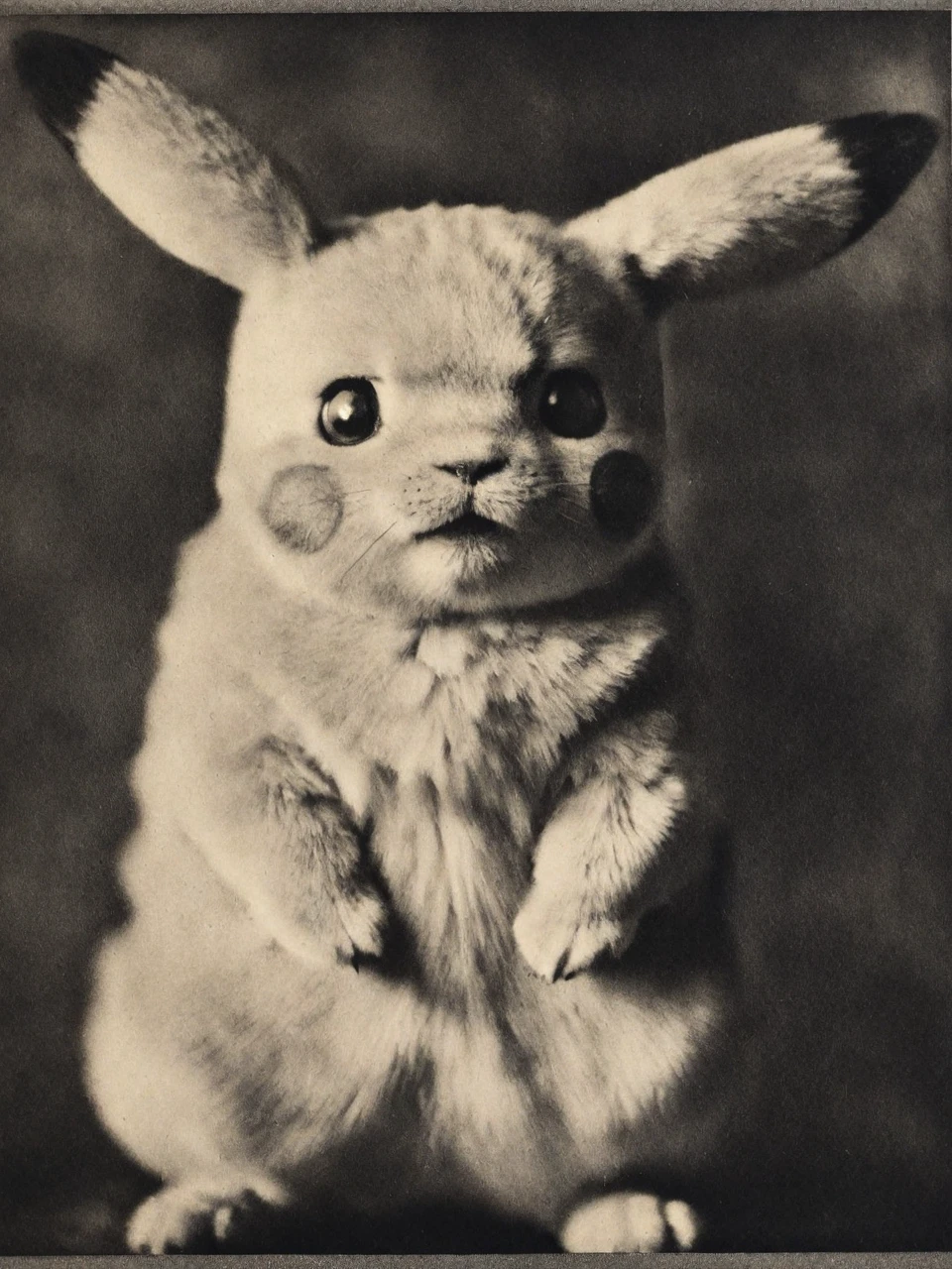 Pikachu from Pokemon, pictorialist portrait photo in the style of alvin-langdon-coburn, monochrome
