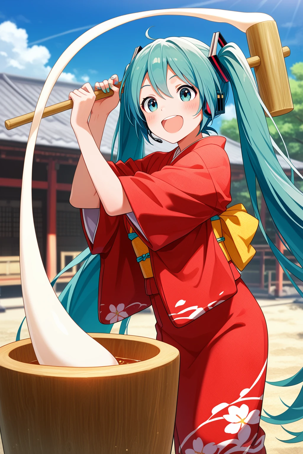 masterpiece, best quality, absurdres, safe
1girl, hatsune miku, mochitsuki, mochi trail, mochi, holding kine, mallet, mortar \(bowl\), kimono
<lora:mochitsuki_il_d16:1>