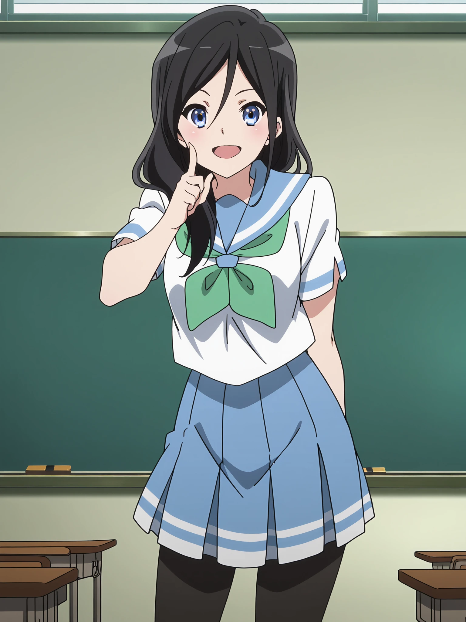 masterpiece, best quality, detailed background, anime screencap, anime coloring, 
in a classroom,
<lora:Asuka_Tanaka_Sound_Euphonium_-_Illustrious:.8>, 1girl, girl is 18 years old, solo, black hair, long hair, blue eyes, Asuka blue school uniform, Kitauji High School Uniform, green neckerchief, pantyhose, skirt, serafuku,
looking at the viewer, cowboy shot, big smile, mouth open, (girl pointing at her face), (no glasses)