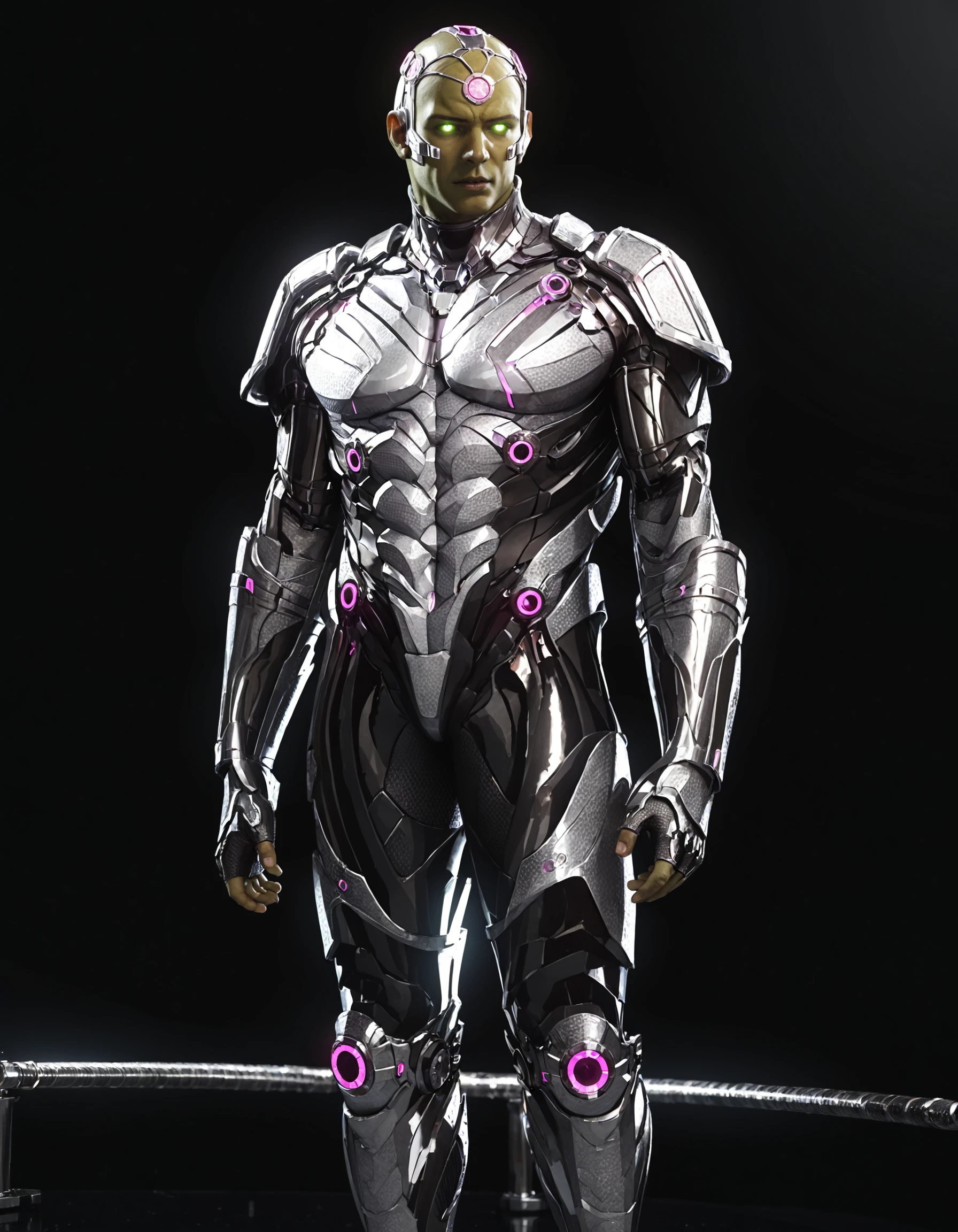 breathtaking PonyXLV6_Scores, NEGATIVE_HANDS, fixl-art ,detailed, <lora:Brainiac (2):1>bodysuit, glowing eyes, 1male, armor, realistic, straight-on, colored skin, glowing, simple background, green skin, neon trim, brainiac, bald . award-winning, professional, highly detailed