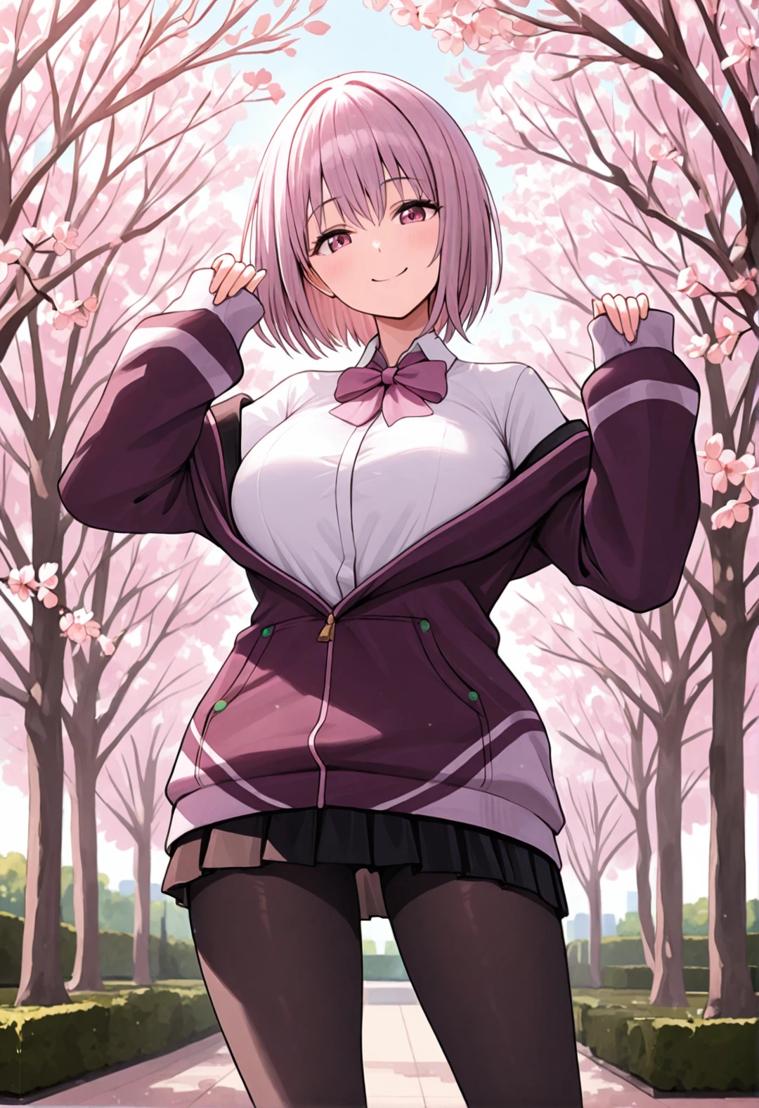 masterpiece, best quality, newest, absurdres, highres, akane shinjo, unique outfit, pantyhose, looking at viewer, cute, dutch tilt, cinematic, standing, smile, park, sakura trees, morning, low angle,
 <lora:Akane_Shinjo_IL:0.8>