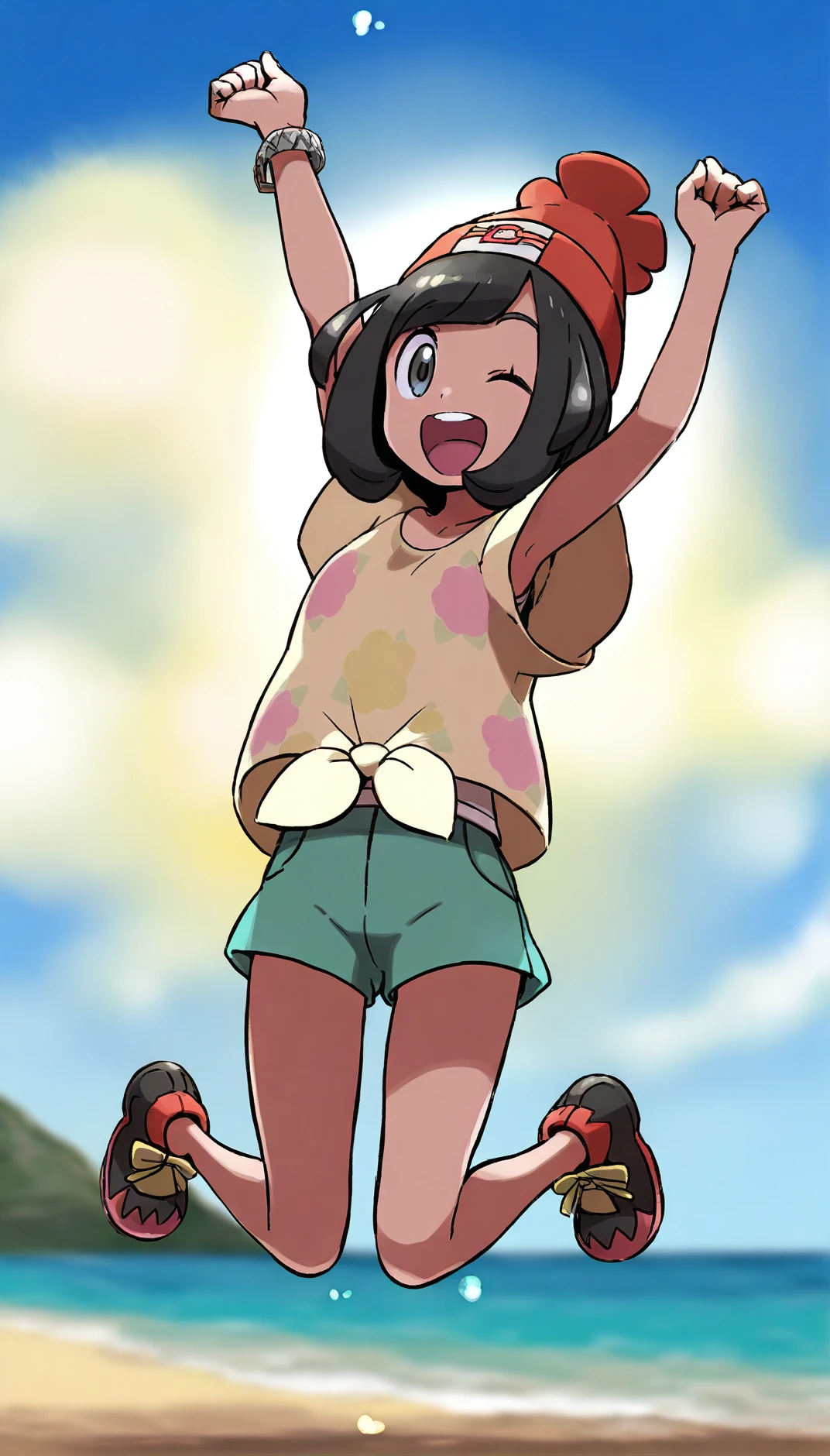 masterpiece,best quality,amazing quality,
<lora:seleneIL:1>,
eneles,
1girl,solo,
black hair,short hair,bangs,
grey eyes,looking at viewer,one eye closed,
open smile,
red beanie,yellow short sleeves shirt,a tank top worn under the shirt,tied shirt,
green shorts,red sports shoes,
full body,jumping,in air,from above,face focus,
blurry background,vignetting,outdoors,beach,days,blue sky,sun,cloud,light particles,