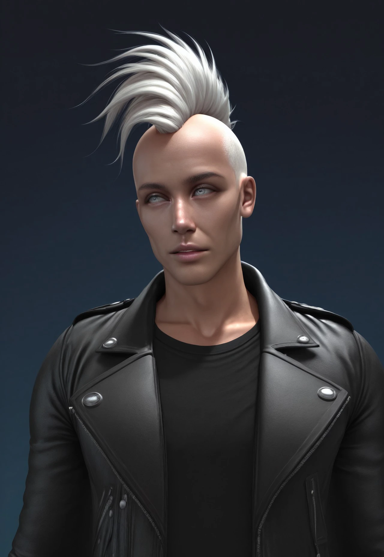 absurdres, masterpiece, best quality, Vdiff1_dskfll, solo, white hair, jacket, mohawk, blue background, black shirt, white eyes, male focus, shirt, realistic, gradient background, upper body, parted lips, lips, grey eyes, 1boy, gradient, open jacket, open clothes, nose, 1boy, male focus, short hair, looking to the side, leather jacket