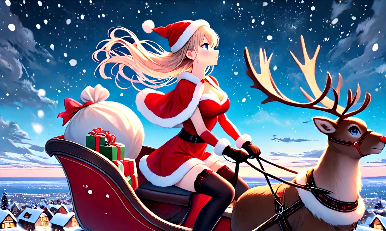 masterpiece, best quality, face focus, reindeer, riding sleigh flying in the sky, gift sack, 1girl, blue eyes, floating hair, fur trim, red dress, santa hat, santa costume, cleavage, breasts, thighhighs, gloves, reins, wind, night, snowing, horizon, christmas, night sky, nordic architecture, from side, <lora:girllikereindeersleigh_ilxl:0.8>