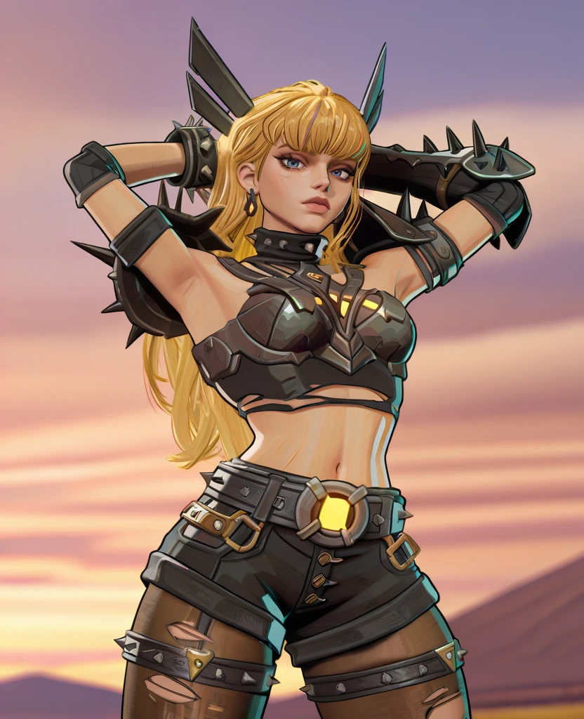 masterpiece, best quality, amazing quality, highres, absurdres, intricate detail, simple background, outdoors, <lora:Magik_ILLUS:0.8>, mg1, 1girl, solo, long hair, blue eyes, blonde hair, bangs, earrings, midriff, navel, armor, torn clothes, spikes, headgear, shoulder armor, shoulder spikes, spiked collar, streaked hair, multicolored hair, breastplate, short shorts, belt, brown pantyhose, torn pantyhose, thigh strap, vambraces, single glove, spiked bracelet, looking at viewer, facing up, portrait, arms behind head, armpits