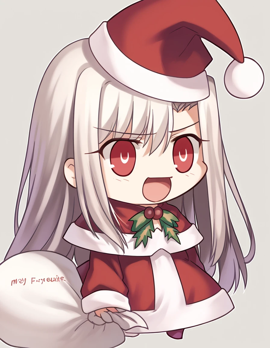 score_9, score_8_up, score_7_up, source_anime, <lora:illyasviel-von-einzbern-ingame-ponyxl-lora-nochekaiser:1>, illyasviel von einzbern, long hair, red eyes, white hair,, <lora:padoru-ponyxl-lora-nochekaiser:1>, padoru, padoru (meme), holding sack, sack, santa hat, meme, christmas, open mouth, chibi, red capelet, santa dress, capelet, fur-trimmed headwear,, , dutch angle, cowboy shot