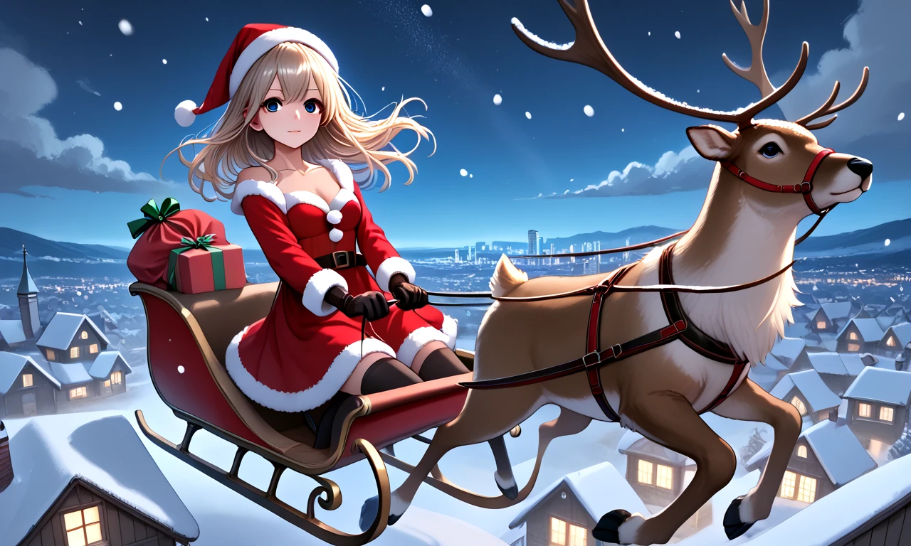 score_9, source_anime, riding reindeer sleigh flying in the sky, sled filled with gift sack, solo, 1girl, blue eyes, floating hair, fur trim, red dress, santa hat, santa costume, cleavage, breasts, thighhighs, gloves, reins, wind, night, snowing, horizon, christmas, night sky, chimney rooftop, nordic architecture, from below, <lora:girllikereindeersleigh_pony:0.8>