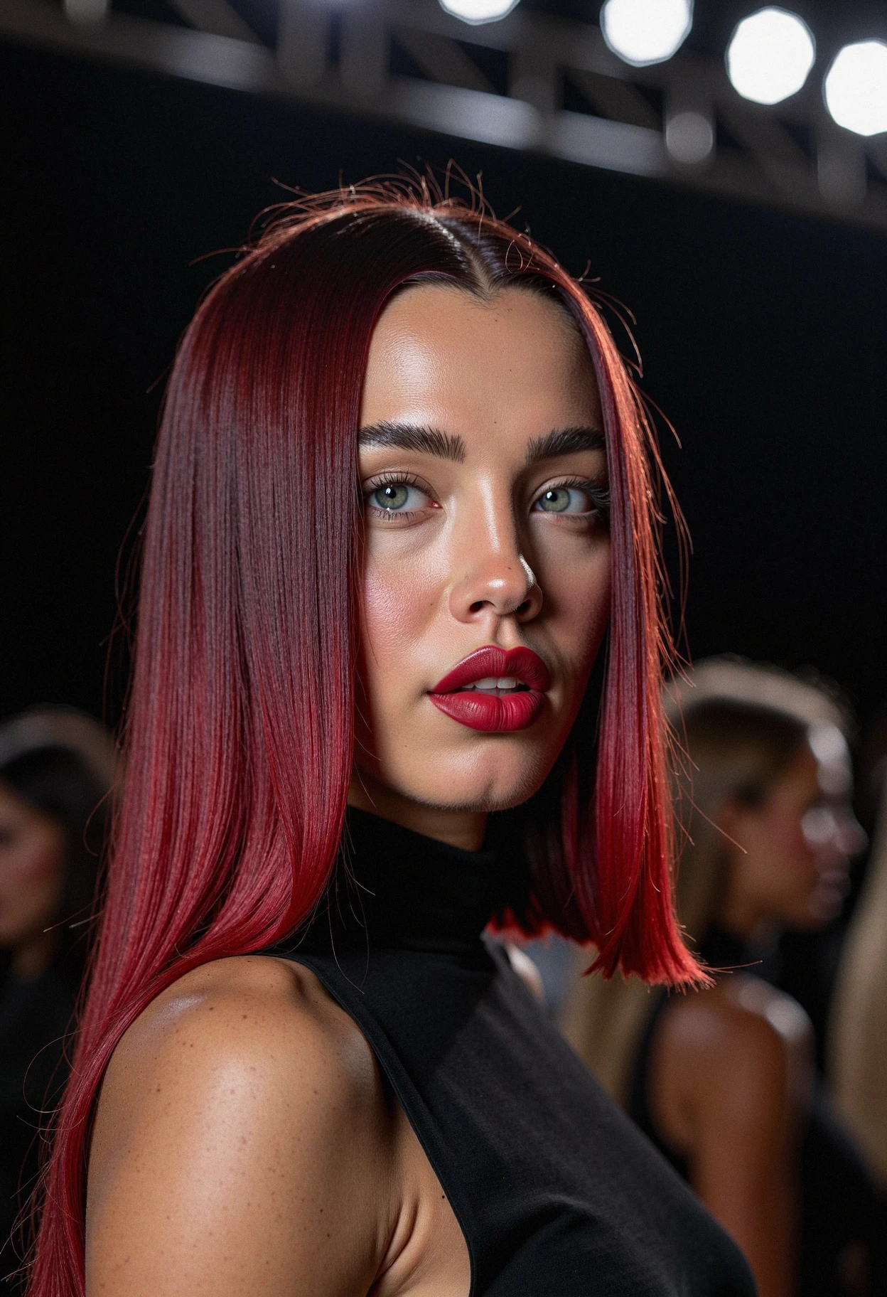 A woman at a high-fashion runway show, embodying high-end chic. Her long, straightened hair is fully dyed in a sophisticated burgundy-red shade that fades into a rich wine color at the ends, creating an elegant, two-tone effect. Styled in a sleek, center-parted look, the subtle gradient adds depth to the style. Sheâs wearing a high-necked, tailored dress with dramatic red lipstick. The background suggests backstage fashion setups. Spotlights cast a warm glow, accentuating the richness of her hair color and her intense, poised expression. <lora:TammyHembrowV1_7_Flux:1>