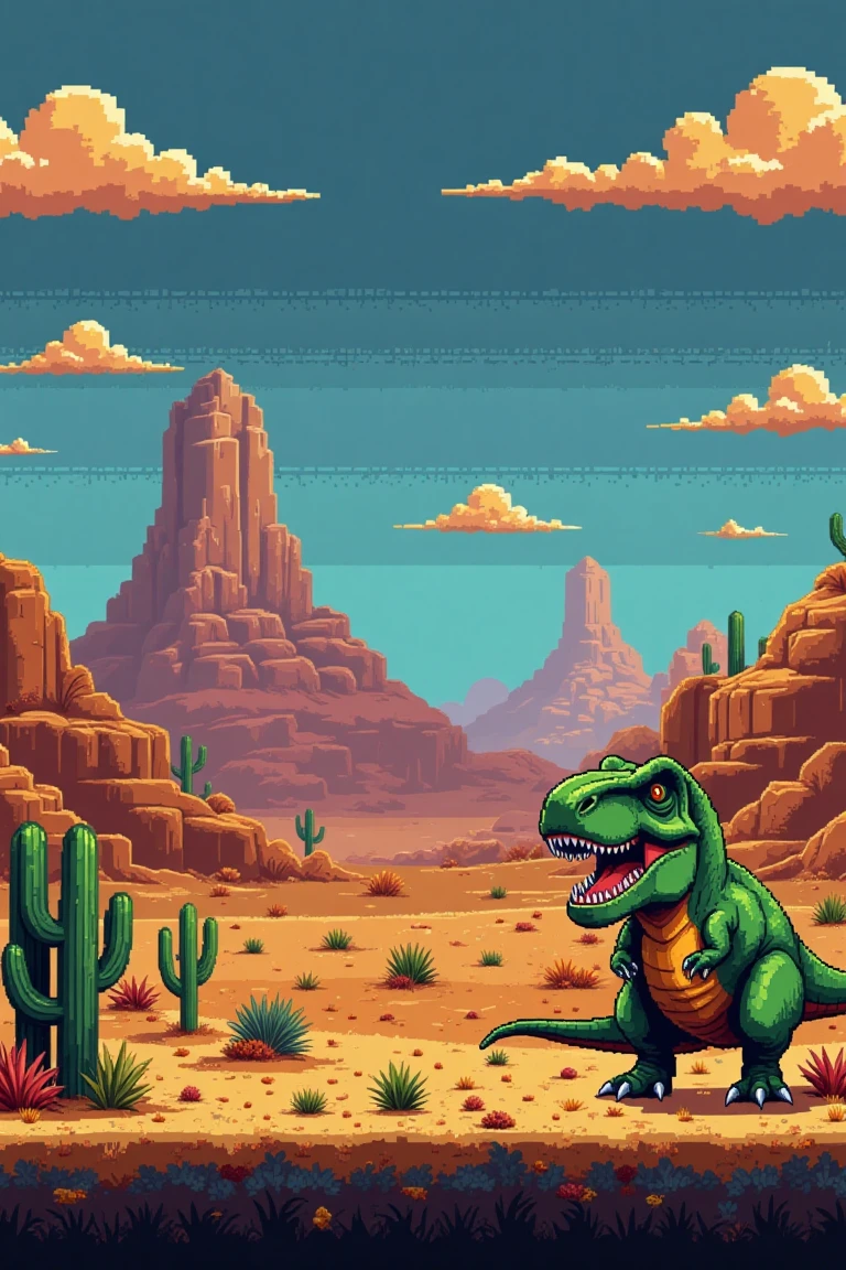 "8-bit pixel art desert level, pixelated sand dunes, cacti in the background, t-rex, retro color palette with warm yellows and browns, bright blue skies with pixelated clouds, classic platformer style."