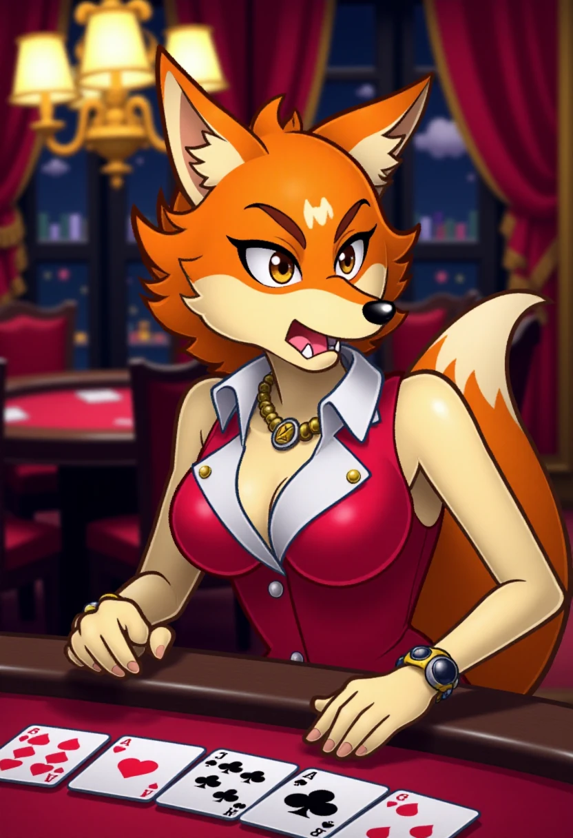 <lora:Paper_Mario_TTYD_Style_FLUX-Caption:1.1>
The image is a digital drawing in a cartoon pmttyd style, depicting  a furry anthro fox lady dealing cards at a casino