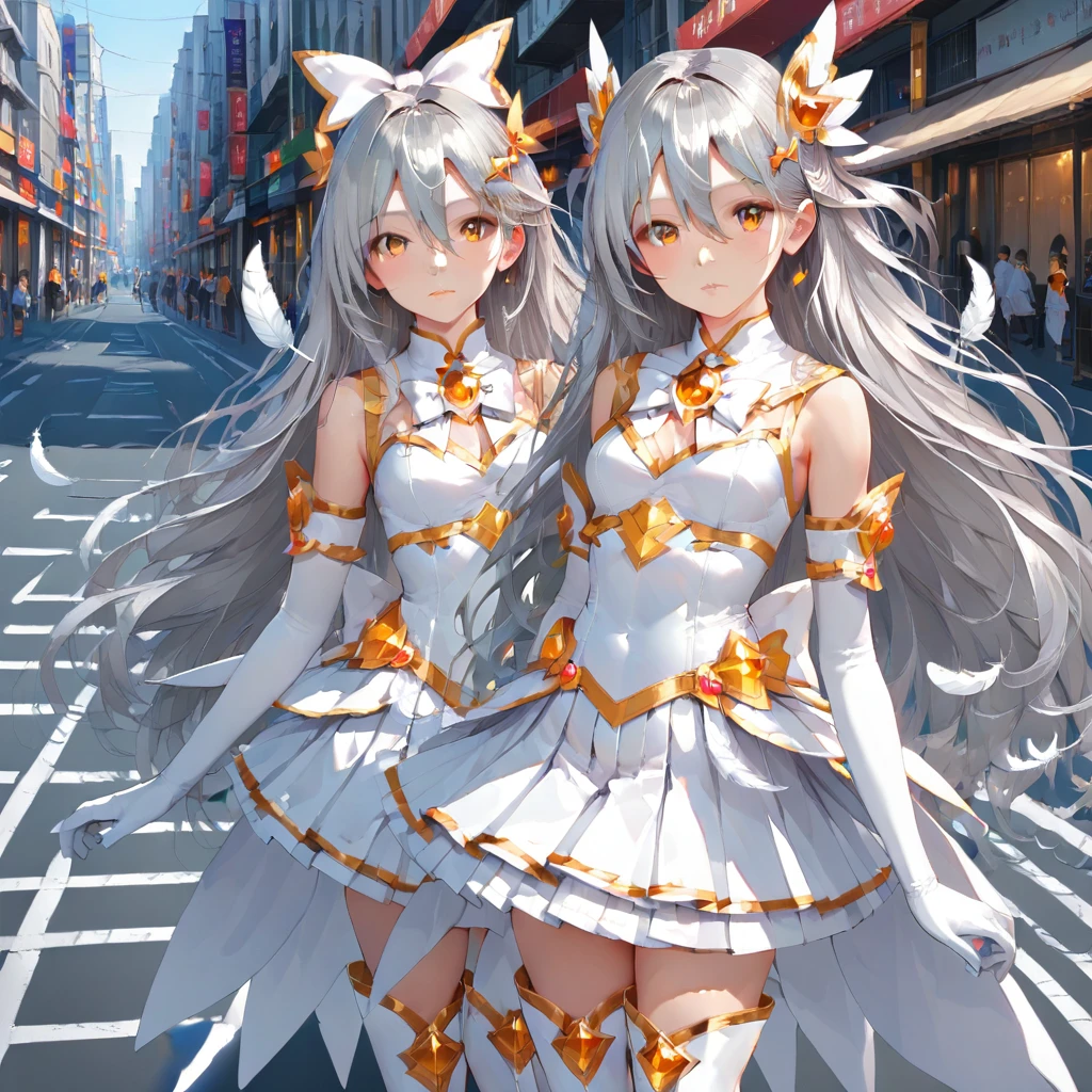 white gloves, white feather, large bow, , golden brooch, white skirt, Amber eyes, white bow, white boots, long hair, hair ornament, white back bow, hair clip, elbow gloves, thigh boots, white top, hair between eyes, (Silver hair:1.2), pleated skirt, Magical Girl, miniskirt